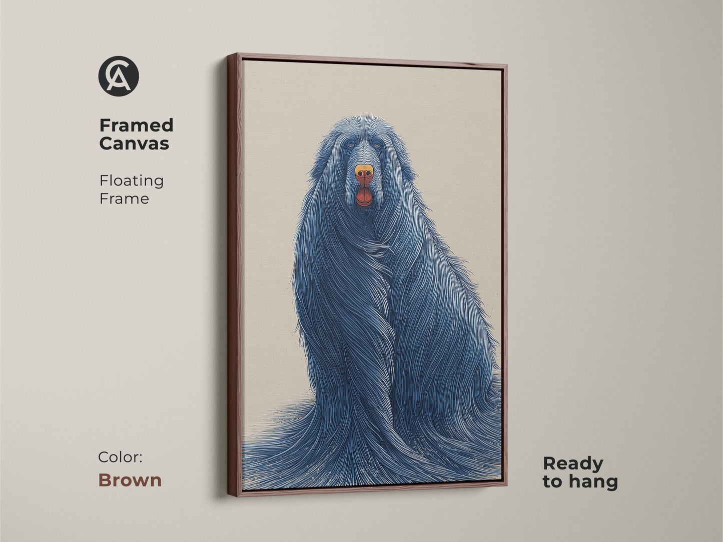 Brown framed canvas features a surreal blue dog. Ready to hang unique pet portrait adds a warm touch. This artistic dog painting is perfect for living room wall decor.