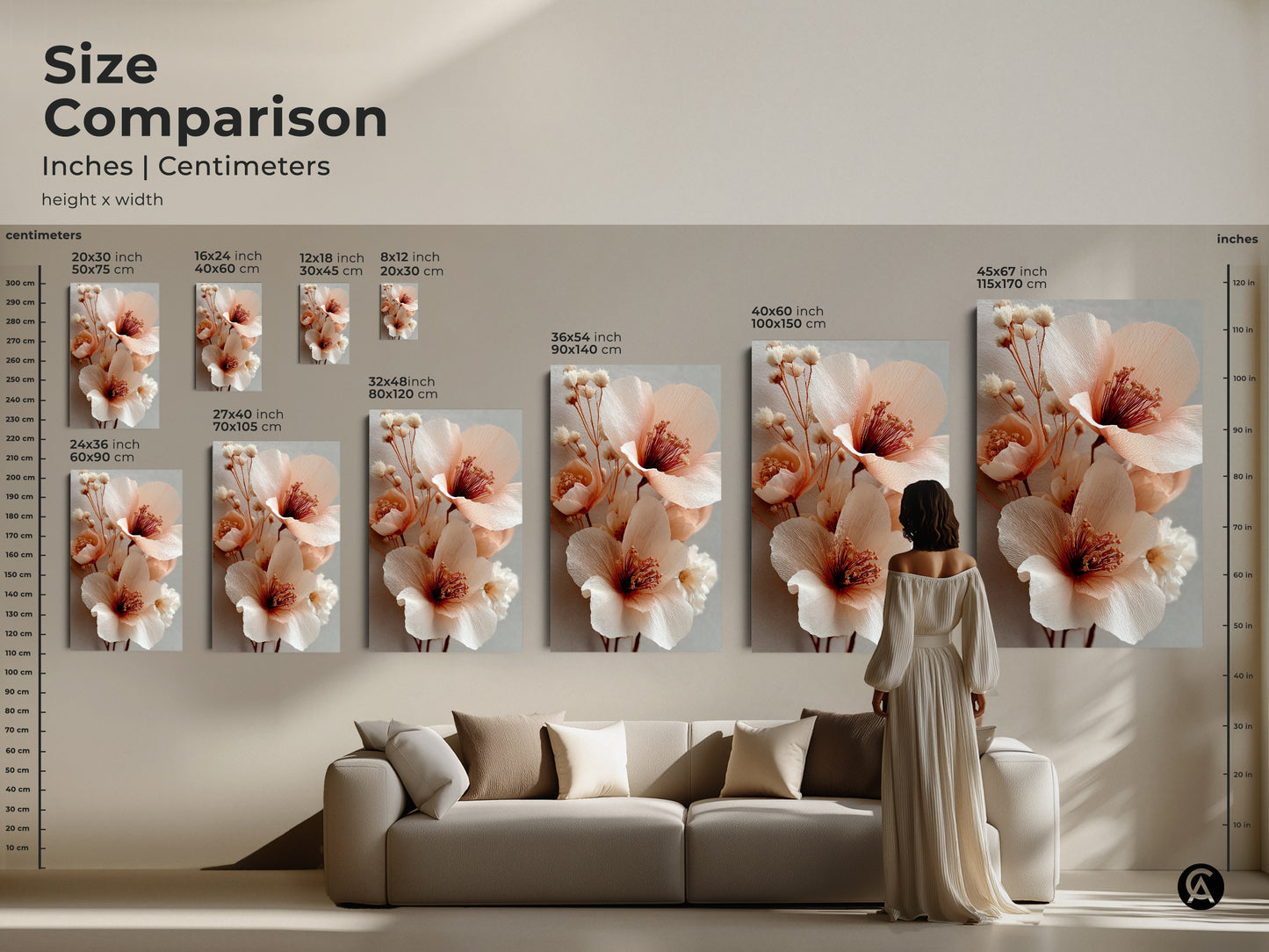 Size comparison of blush pink floral art in inches and centimeters. This boho botanical art features coral peony flowers. See how the canvas print and poster sizes fit above a sofa. A perfect housewarming gift for plant lovers seeking aesthetic wall art.