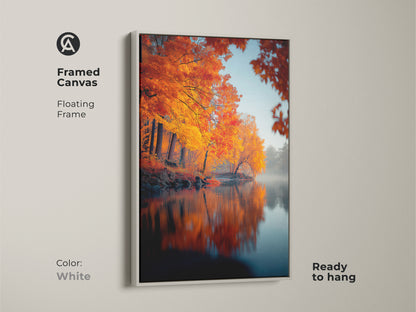 Bring the beauty of autumn into your home with this framed canvas. The white floating frame highlights the stunning landscape art. Golden trees reflect in the calm lake. Ready to hang this artwork adds a fresh and modern touch to your space. Perfect for any room.