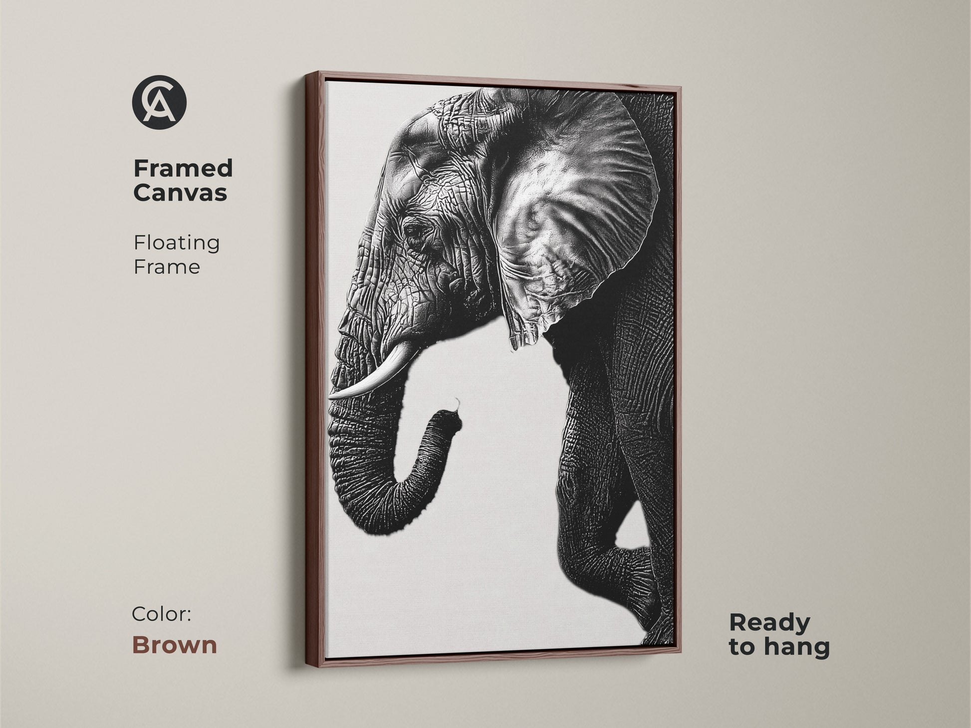 Brown framed canvas featuring a black and white minimalist elephant artwork. This wildlife wall decor is ready to hang. The modern animal art print complements any space.