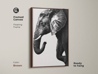 Brown framed canvas featuring a black and white minimalist elephant artwork. This wildlife wall decor is ready to hang. The modern animal art print complements any space.
