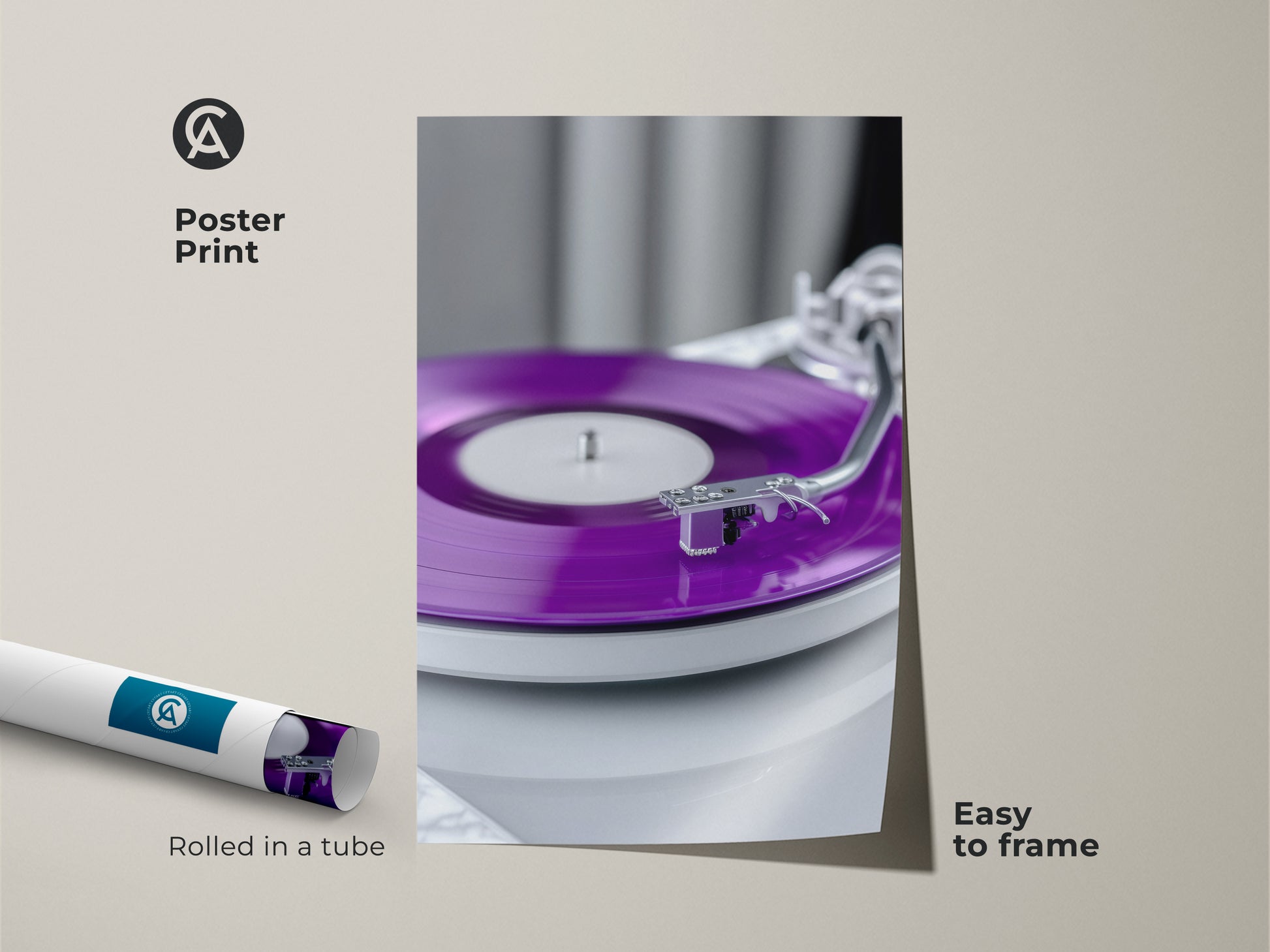 Poster print of purple vinyl record art. The image shows retro music wall art rolled in a tube. It's easy to frame. This minimalist music decor adds an aesthetic touch. It's ideal for a music room wall hanging.