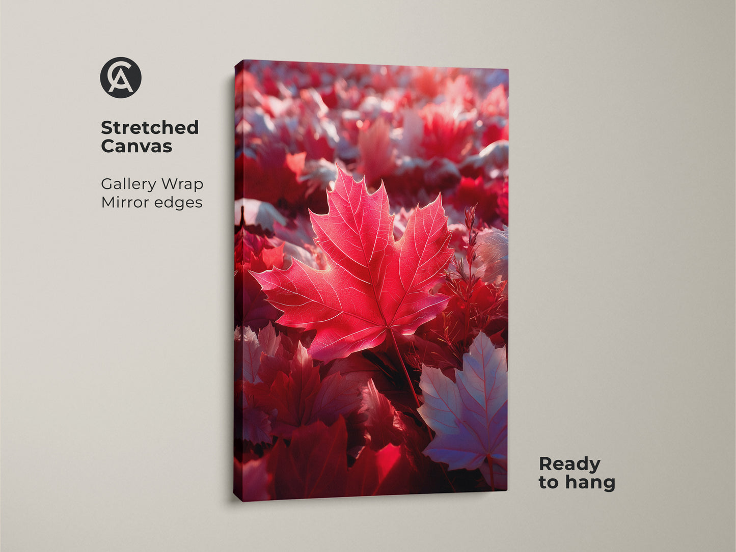 Stretched canvas art featuring a red maple leaf. The artwork has gallery wrapped mirror edges and is ready to hang. It's a beautiful piece of wall art for any home. This canvas print showcases the beauty of autumn.
