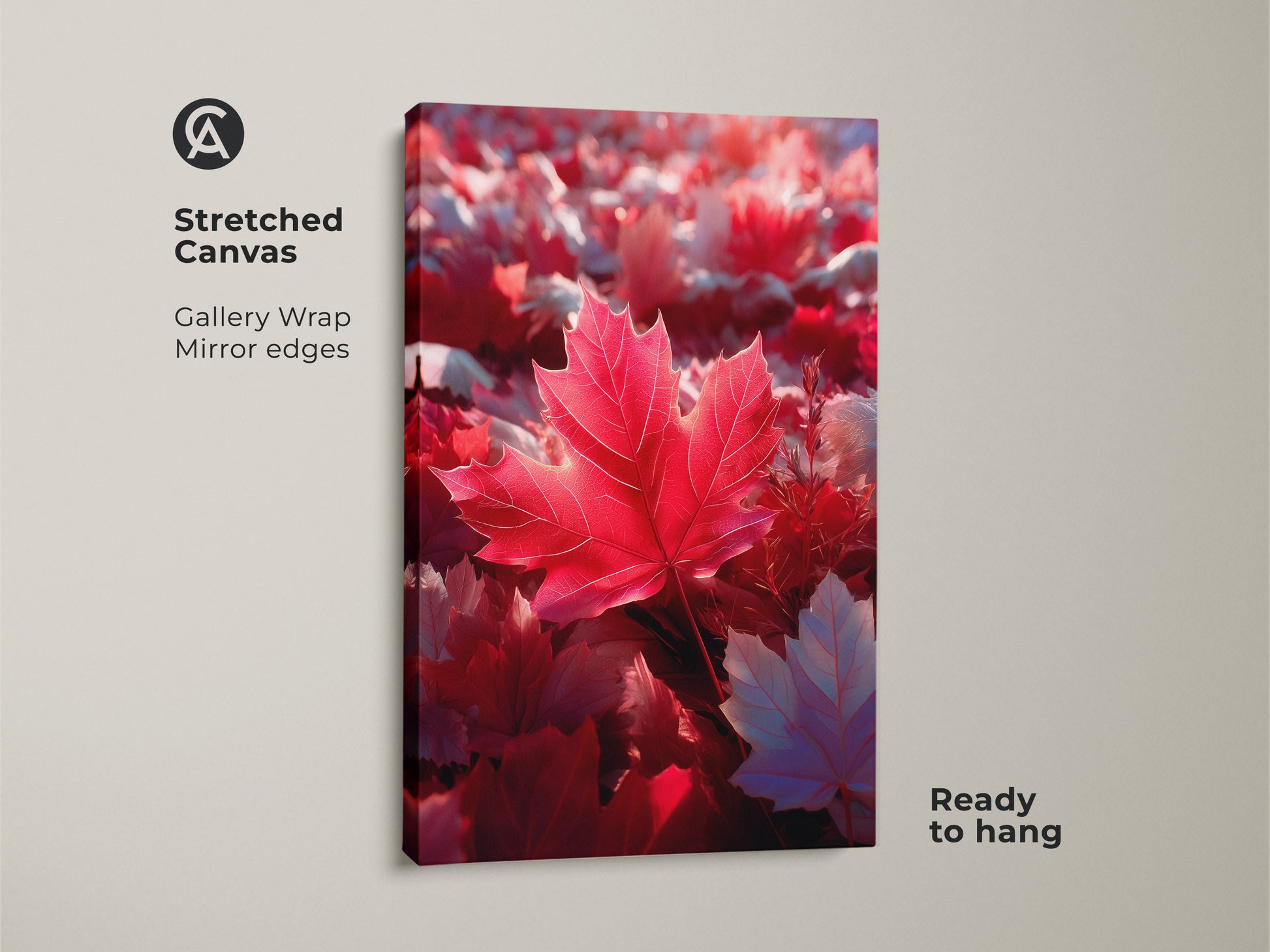 Stretched canvas art featuring a red maple leaf. The artwork has gallery wrapped mirror edges and is ready to hang. It's a beautiful piece of wall art for any home. This canvas print showcases the beauty of autumn.