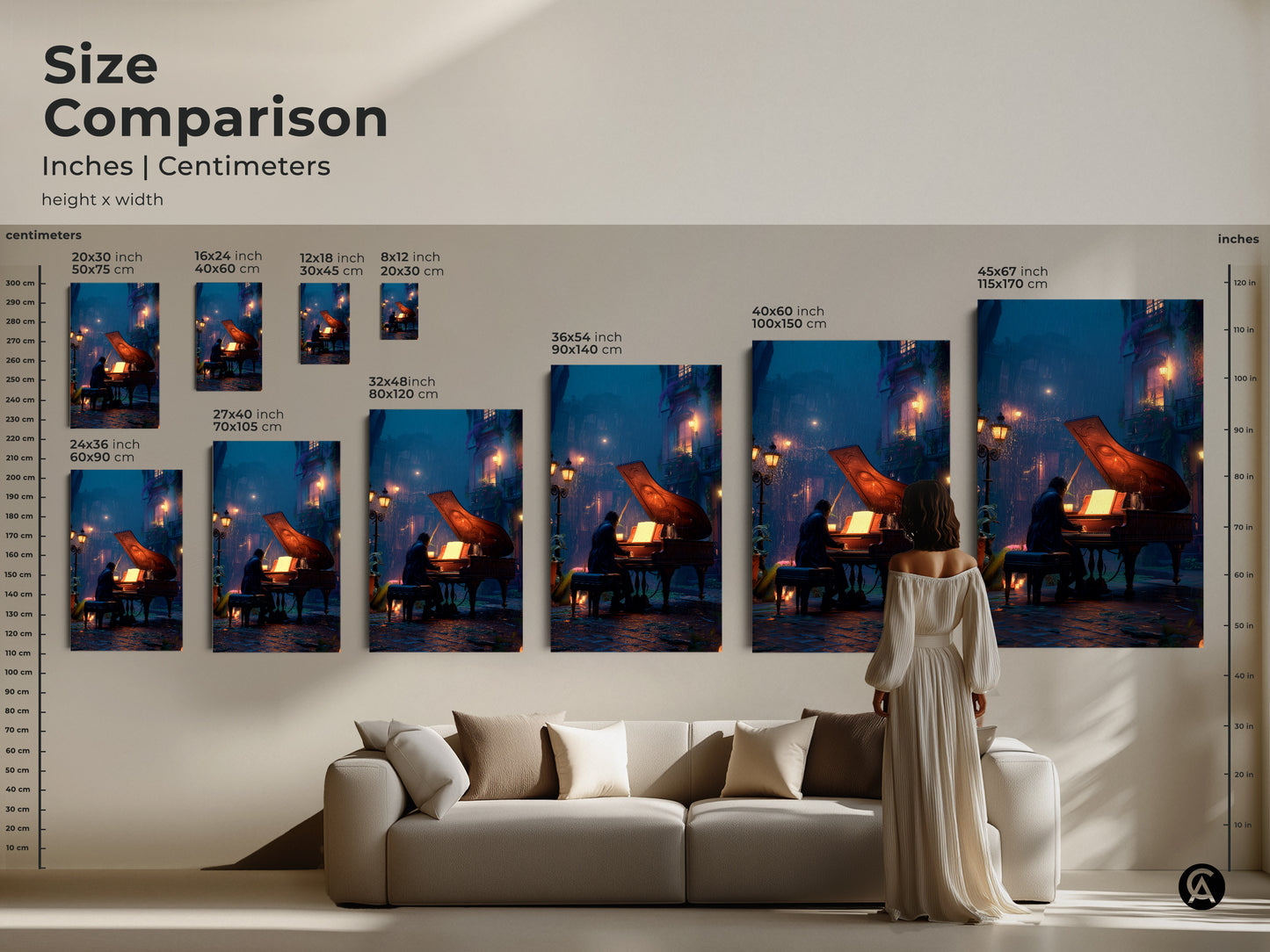 Compare sizes of this dramatic rainy art featuring a pianist in a city scene. Visualize how the canvas looks above a couch. Options range from small to extra-large sizes. This deep blue orange artwork is perfect for eclectic home decor and a unique housewarming gift.