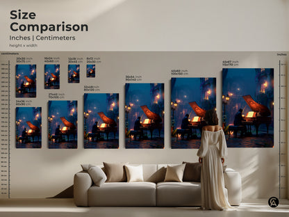 Compare sizes of this dramatic rainy art featuring a pianist in a city scene. Visualize how the canvas looks above a couch. Options range from small to extra-large sizes. This deep blue orange artwork is perfect for eclectic home decor and a unique housewarming gift.