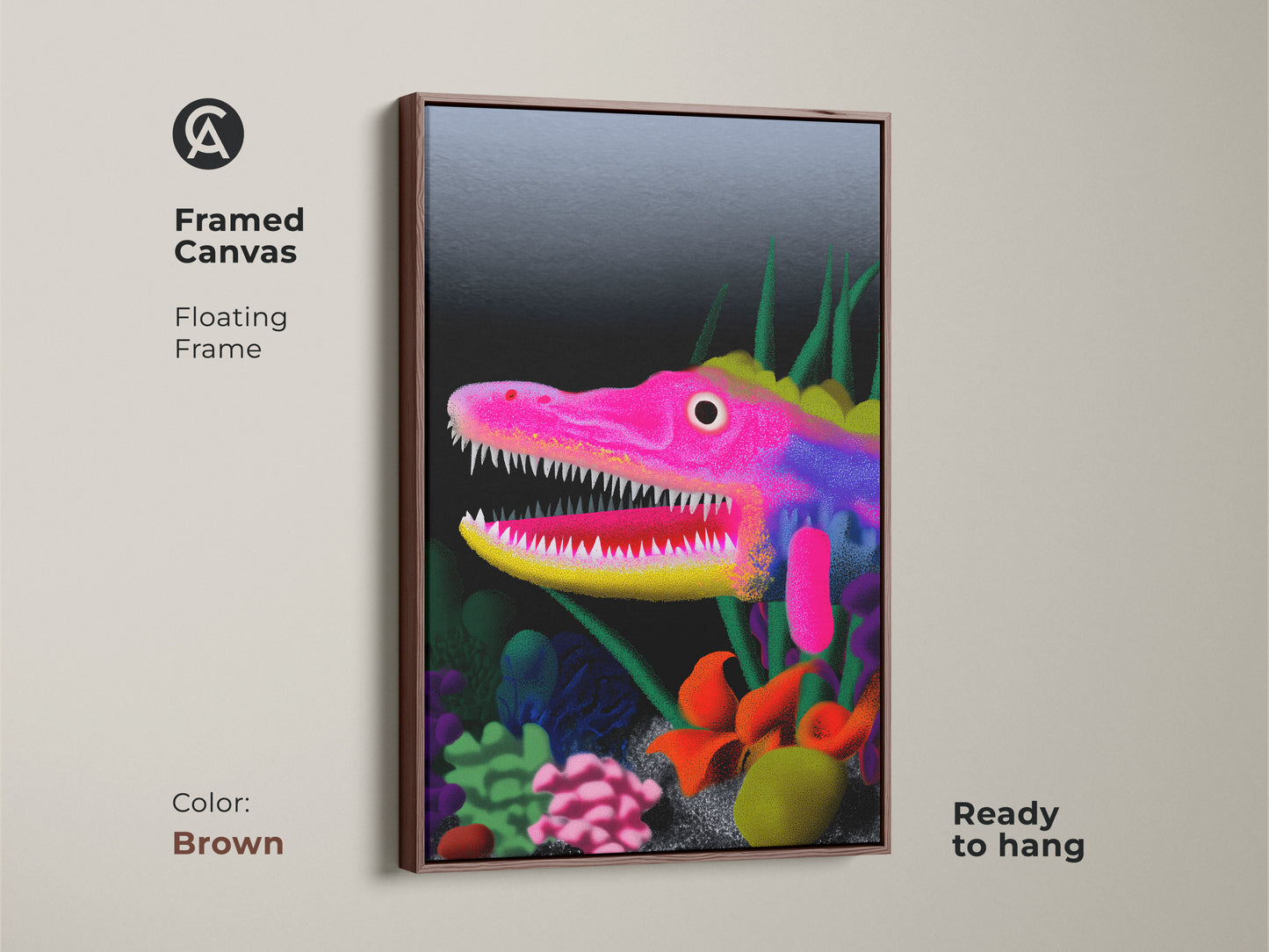 A brown framed canvas showcasing surreal dragon wall art. This fantasy creature art print is an underwater fantasy decor. The hot pink yellow purple art is a great eclectic home accent. It's ready to hang.