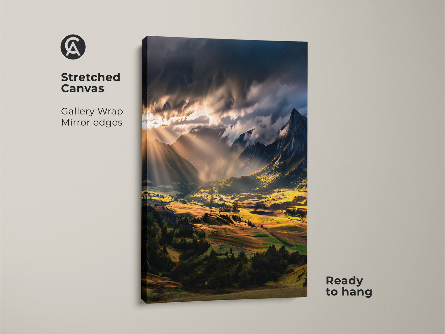 Stretched canvas print of a golden valley sunbeam art. The gallery wrap with mirror edges enhances the rustic nature wall art. This outdoor adventure artwork is ready to hang. A perfect housewarming gift for hikers. Enjoy the dramatic light landscape art.