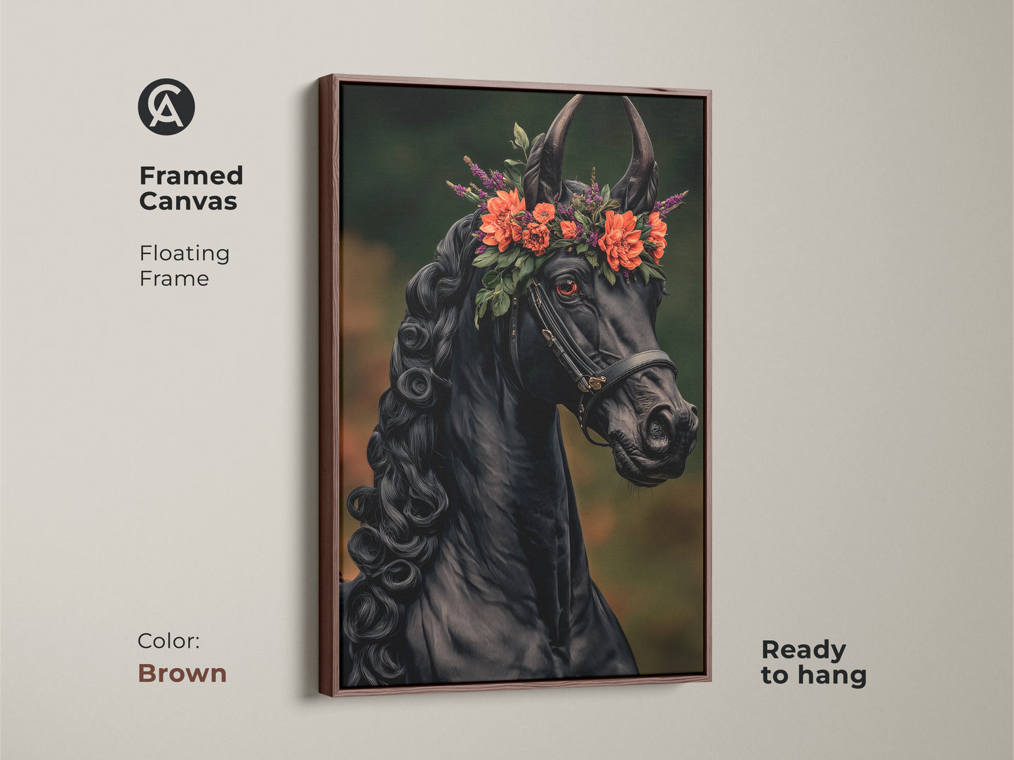 Framed black horse canvas art with a brown floating frame is ready to hang. This fantasy equine artwork features a vibrant floral crown. Ideal for equestrian decor or as a unique horse lover gift for her. This fine art horse painting elevates any space.