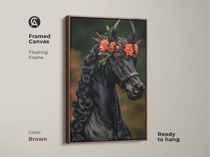 Framed black horse canvas art with a brown floating frame is ready to hang. This fantasy equine artwork features a vibrant floral crown. Ideal for equestrian decor or as a unique horse lover gift for her. This fine art horse painting elevates any space.