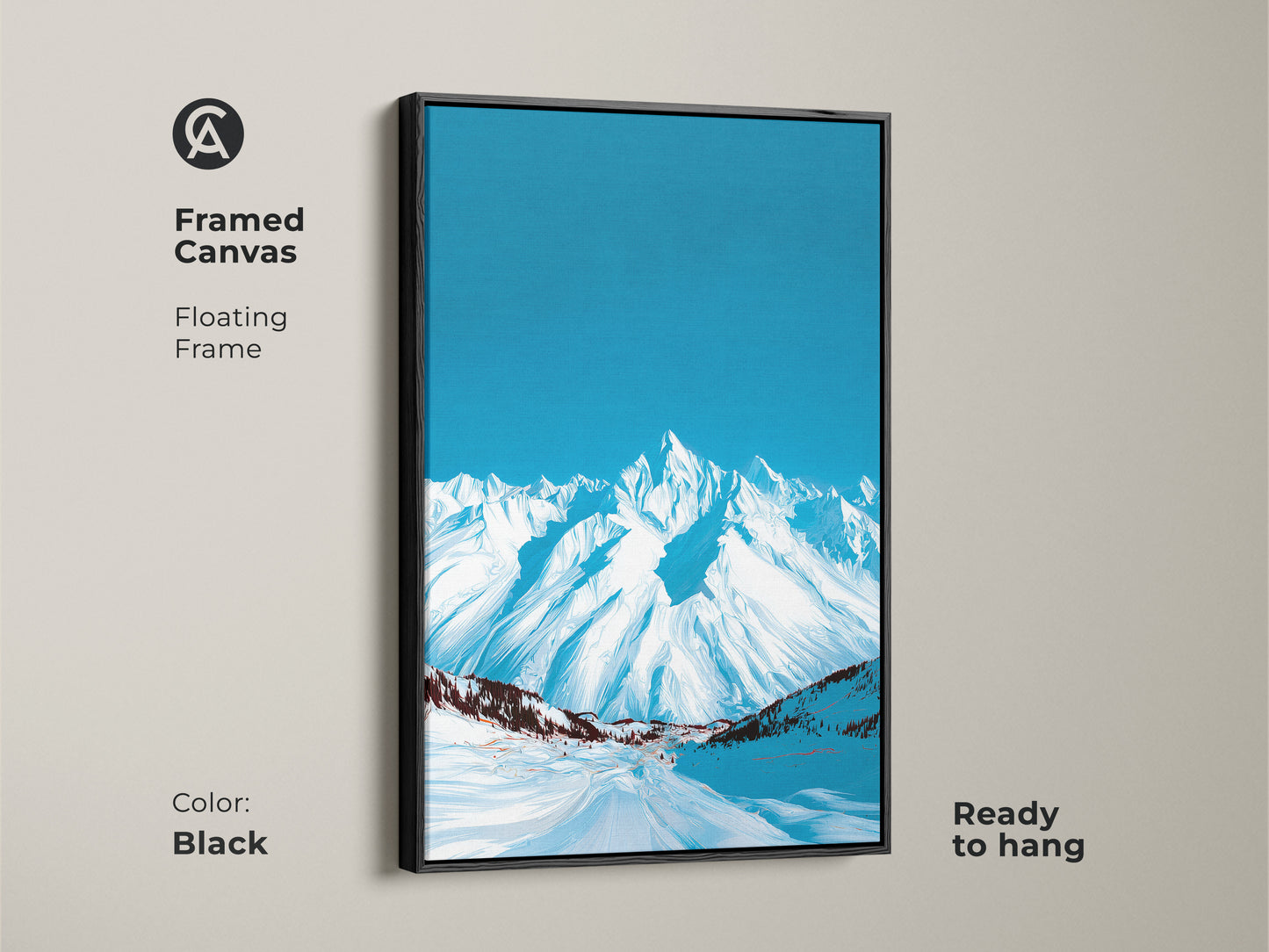 Black framed canvas of an abstract snowy mountain art. The deep blue sky contrasts beautifully with the winter landscape. This contemporary artwork is ready to hang in any home or office.