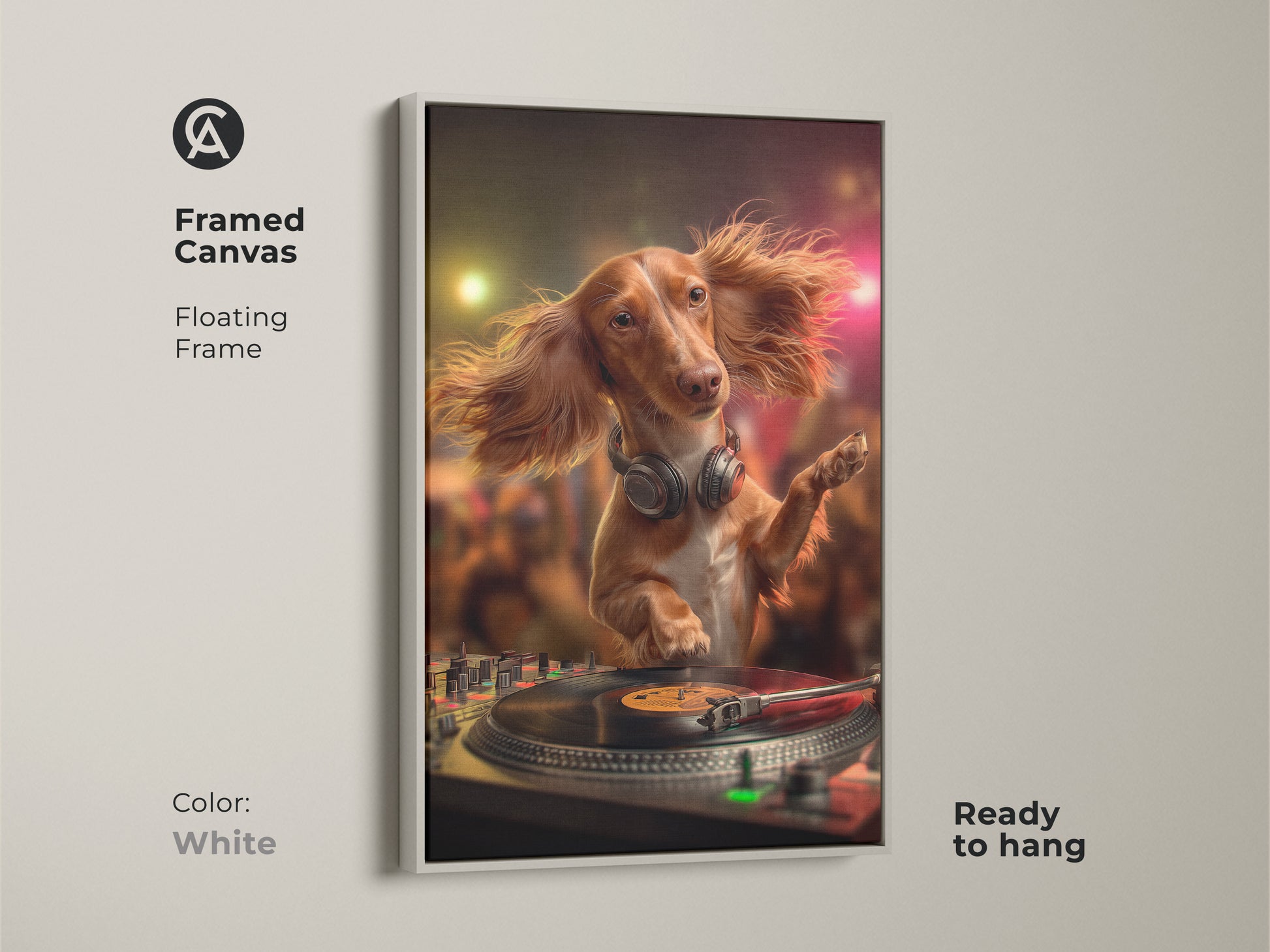 Framed canvas of a Dachshund DJ with a floating white frame. A music themed art for your entertainment room or home bar. This eclectic print features a photorealistic party dog. It is a unique and fun wall decor choice.