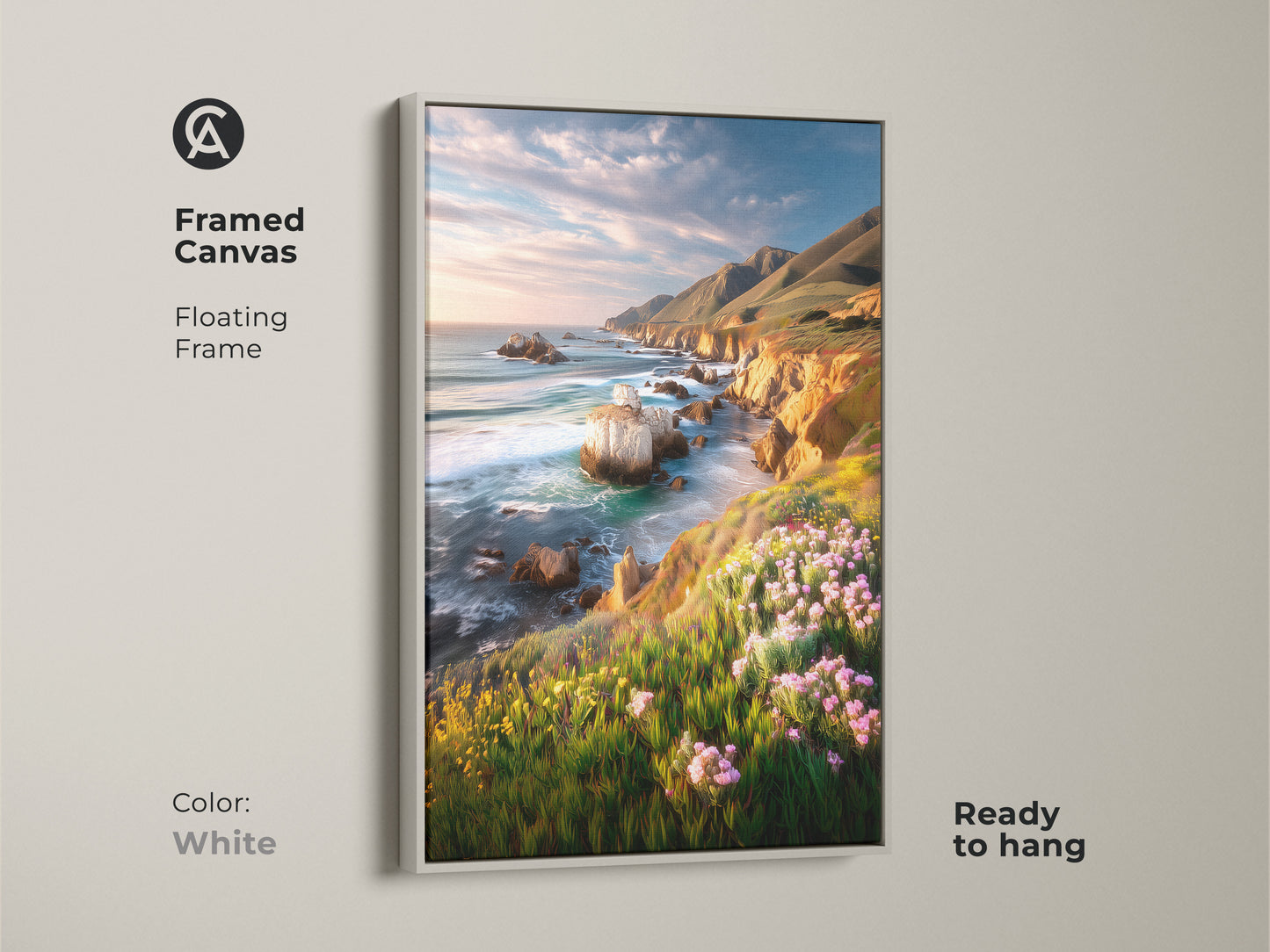 Framed canvas art of a coastal cliff ocean landscape in a white floating frame. Ready to hang this art features vibrant wildflowers and a scenic ocean view. It adds a touch of coastal living to your home decor. Perfect housewarming gift for ocean lovers.