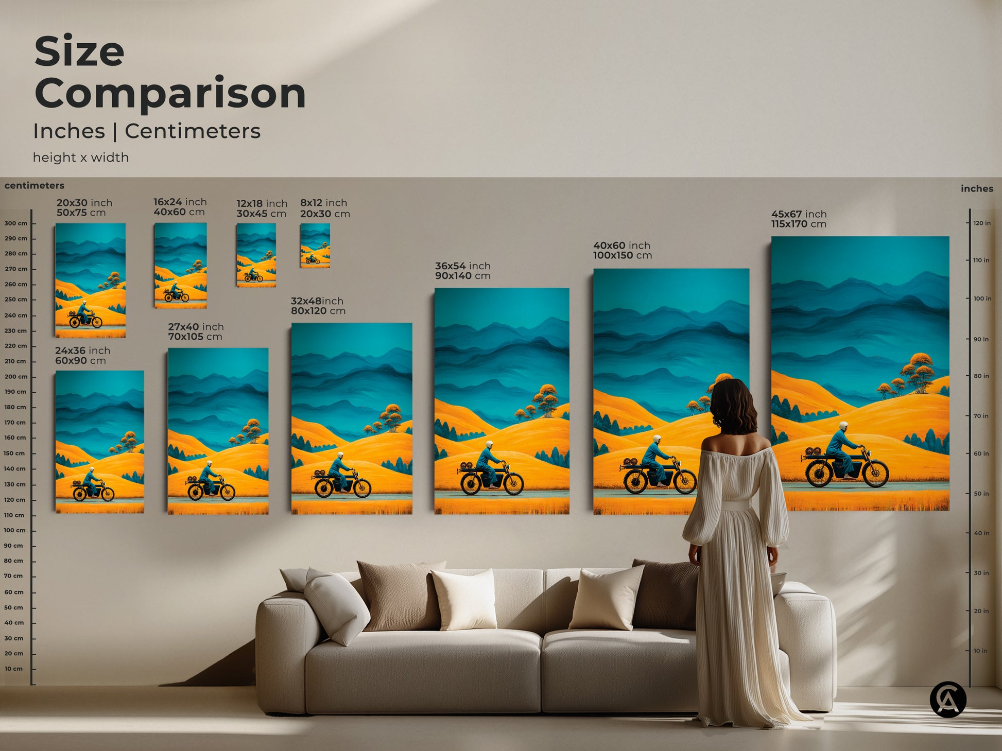 Size comparison of retro motorcycle landscape art in inches and centimeters. A woman stands near the art. See how the golden yellow hills and teal blue mountains artwork fits above a couch. Find your perfect adventure travel decor.