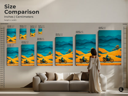 Size comparison of retro motorcycle landscape art in inches and centimeters. A woman stands near the art. See how the golden yellow hills and teal blue mountains artwork fits above a couch. Find your perfect adventure travel decor.
