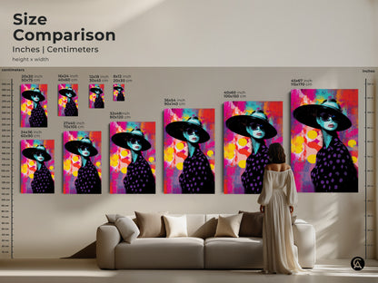 Size comparison chart of a pop art woman portrait. Inches and centimeters are detailed for various canvas and poster sizes. Perfect for planning your artistic home office decor.