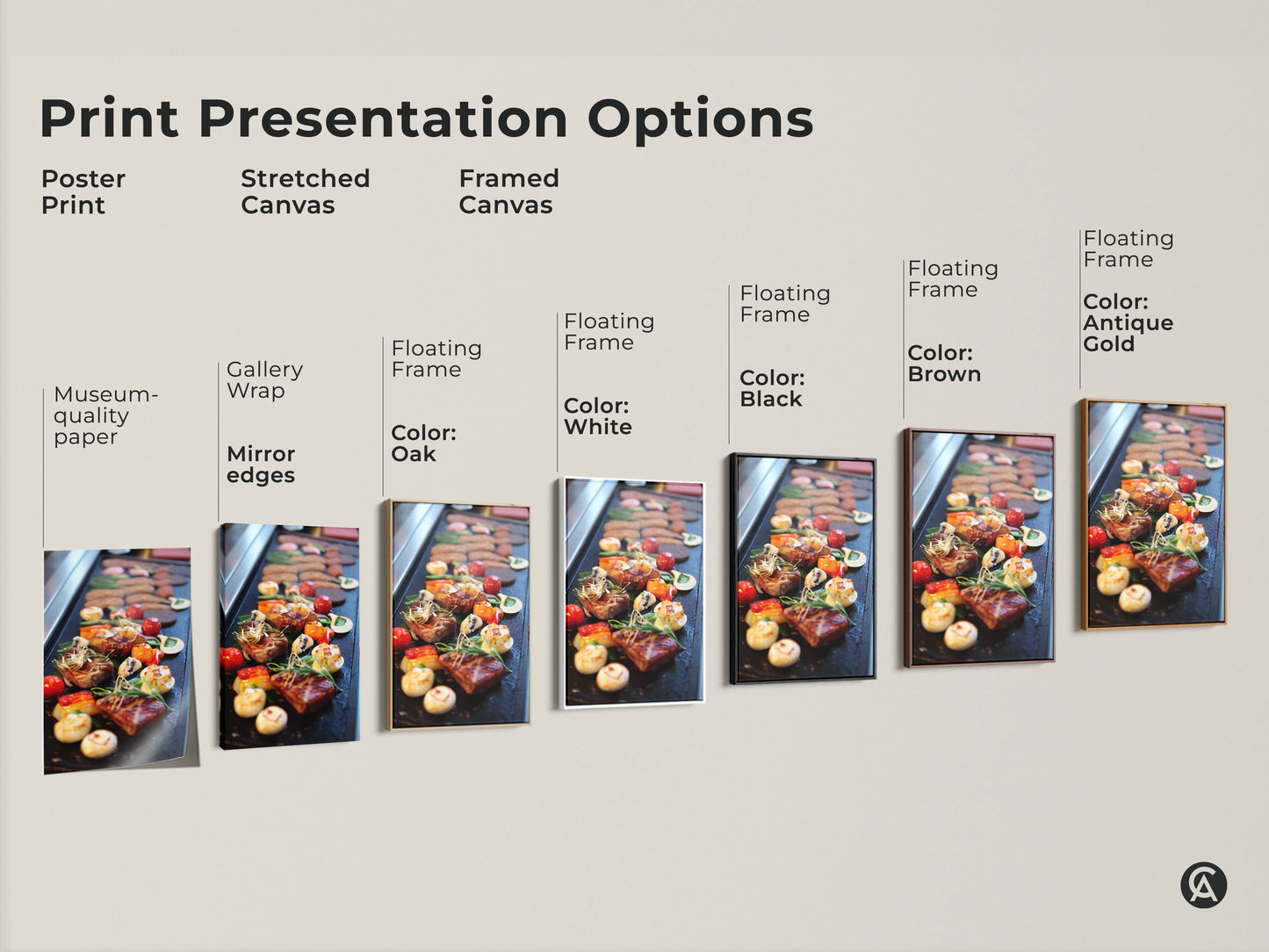 Explore presentation options for gourmet steak and vegetable art prints. Choose from poster prints stretched canvases and framed canvases. Each option showcases modern kitchen wall art in red orange and brown tones. Find the perfect style to complement your modern culinary decor and elevate your space.