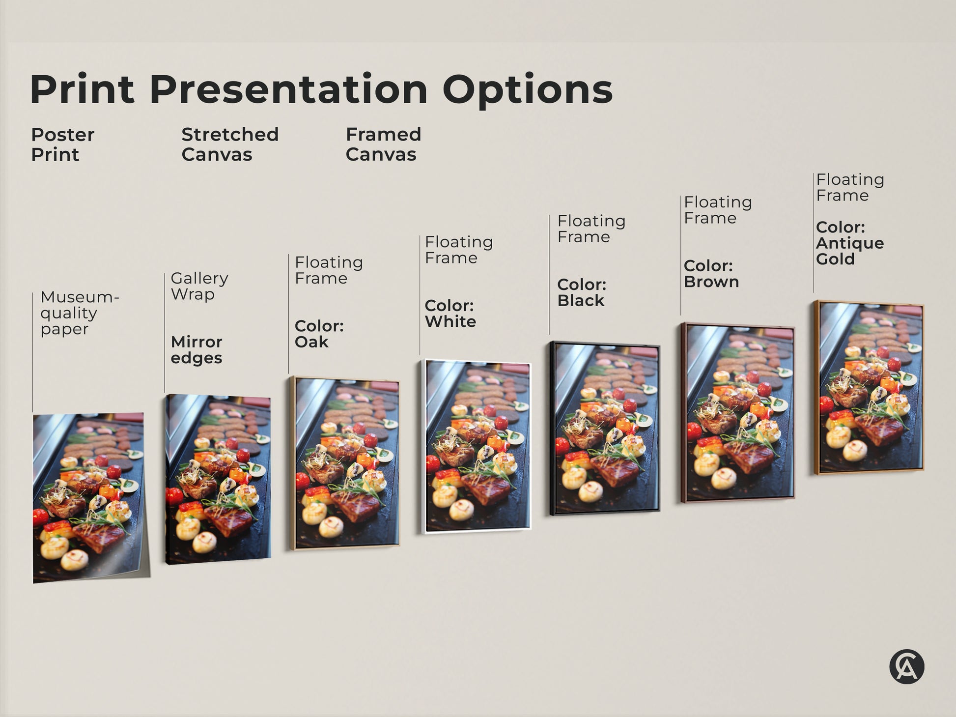 Explore presentation options for gourmet steak and vegetable art prints. Choose from poster prints stretched canvases and framed canvases. Each option showcases modern kitchen wall art in red orange and brown tones. Find the perfect style to complement your modern culinary decor and elevate your space.