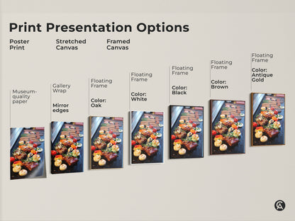 Explore presentation options for gourmet steak and vegetable art prints. Choose from poster prints stretched canvases and framed canvases. Each option showcases modern kitchen wall art in red orange and brown tones. Find the perfect style to complement your modern culinary decor and elevate your space.