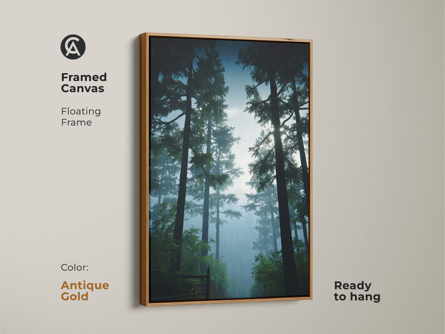 Rustic pine forest art print with an antique gold floating frame. This misty blue canvas brings nature wall decor to any room. A thoughtful housewarming gift for nature lovers.
