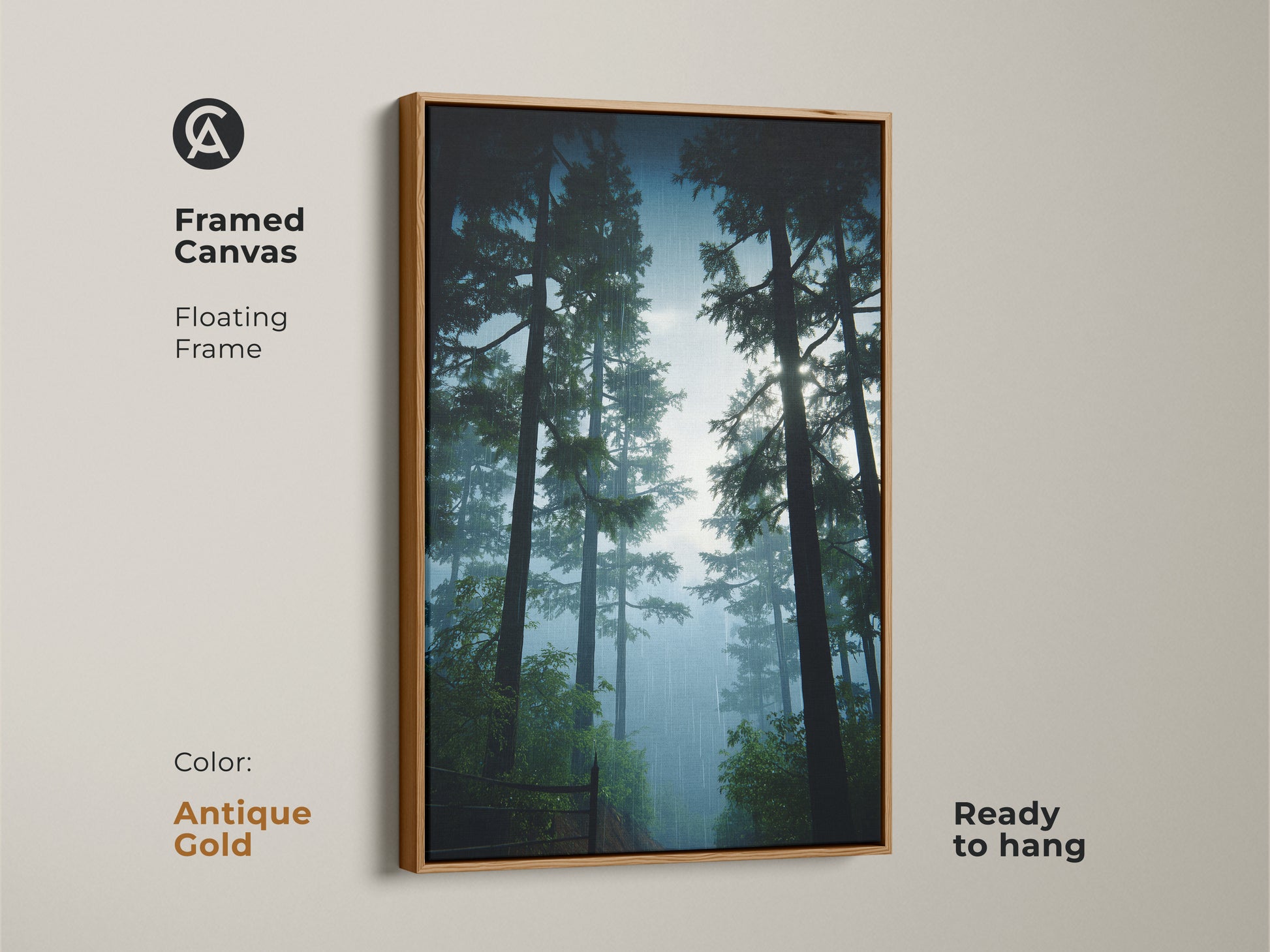 Rustic pine forest art print with an antique gold floating frame. This misty blue canvas brings nature wall decor to any room. A thoughtful housewarming gift for nature lovers.