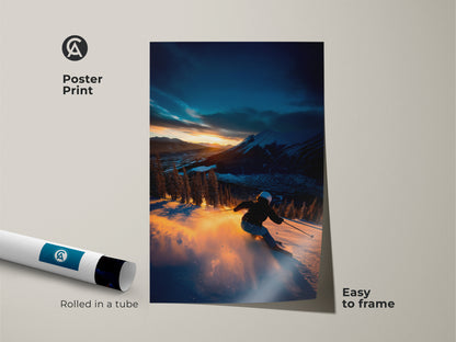 A poster print showcases a skier gracefully skiing down a mountain at sunset. This easy-to-frame print arrives rolled in a tube ensuring its pristine condition. Bring the energy of winter sports into your space with this vibrant mountain scene. Elevate your decor with poster prints.