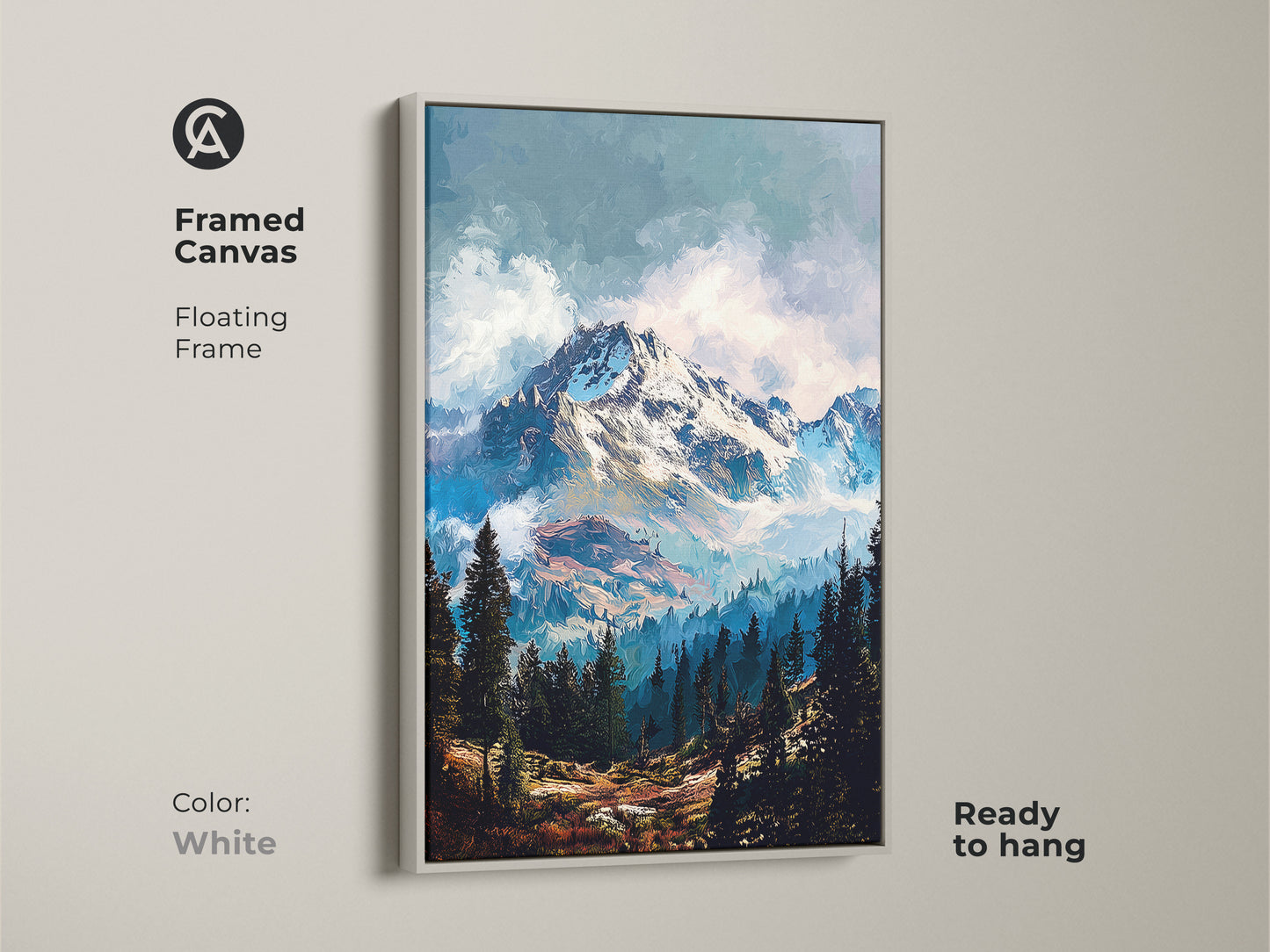 Framed canvas artwork with a floating frame in white. This mountain scene is a stunning piece of art for any room. The white frame offers a clean modern look. Get this framed mountain canvas to brighten up your space.