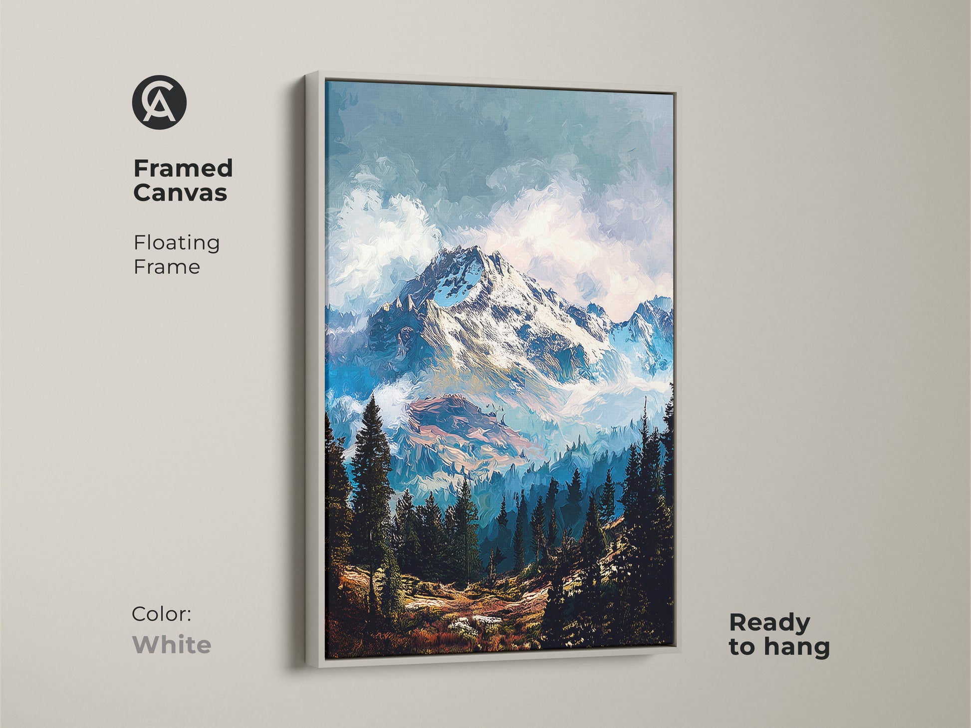 Framed canvas artwork with a floating frame in white. This mountain scene is a stunning piece of art for any room. The white frame offers a clean modern look. Get this framed mountain canvas to brighten up your space.
