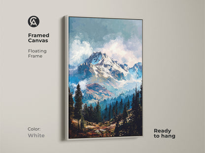Framed canvas artwork with a floating frame in white. This mountain scene is a stunning piece of art for any room. The white frame offers a clean modern look. Get this framed mountain canvas to brighten up your space.