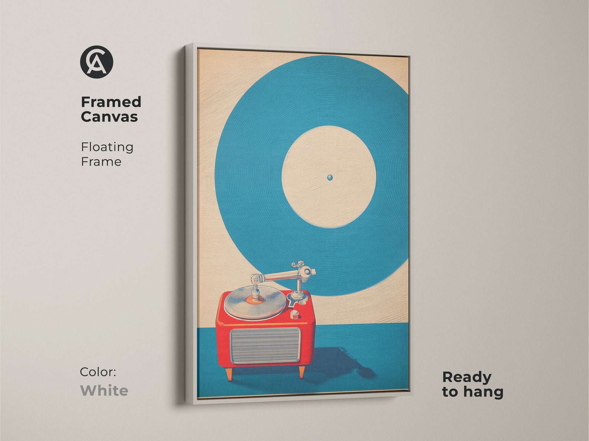 Framed canvas with a floating frame featuring mid-century modern turntable art. White frame adds a clean look to the teal and red music wall art. Vintage record player poster is ready to hang. Pop art record collector gift for a retro living room. 1960s style wall decor.