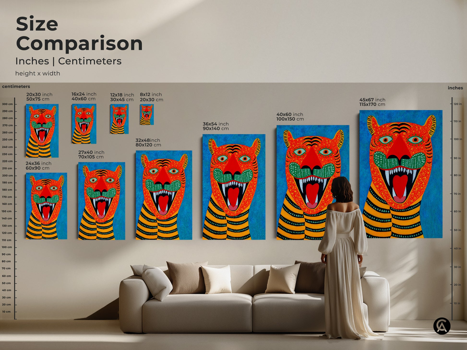 Size comparison showcases folk art tiger artwork in inches and centimeters. The naive art animal print ranges from small to large. See how it complements your living room decor. Perfect for animal lovers.