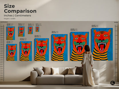 Size comparison showcases folk art tiger artwork in inches and centimeters. The naive art animal print ranges from small to large. See how it complements your living room decor. Perfect for animal lovers.