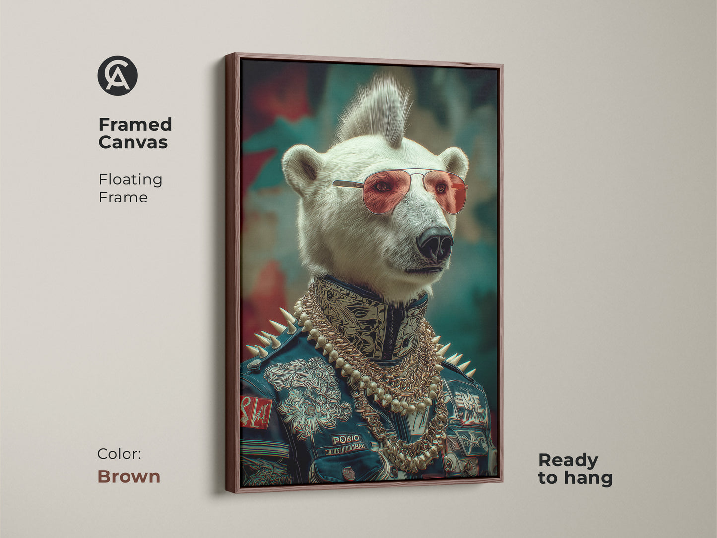 Framed in brown this canvas art features a punk rocker polar bear. The navy red teal art stands out. The fantasy portrait has an eclectic style and is ready to hang. Any alternative music fan would love this.