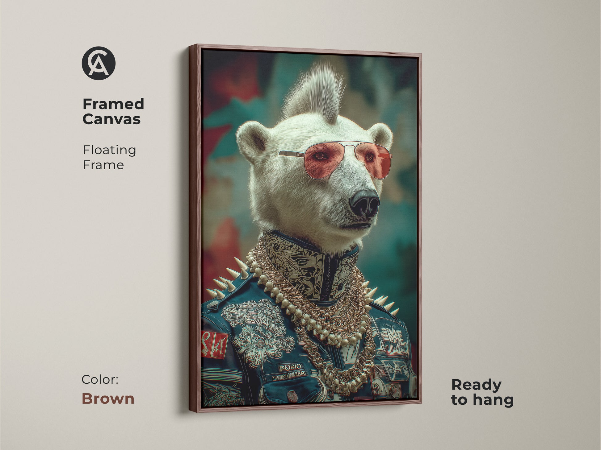 Framed in brown this canvas art features a punk rocker polar bear. The navy red teal art stands out. The fantasy portrait has an eclectic style and is ready to hang. Any alternative music fan would love this.