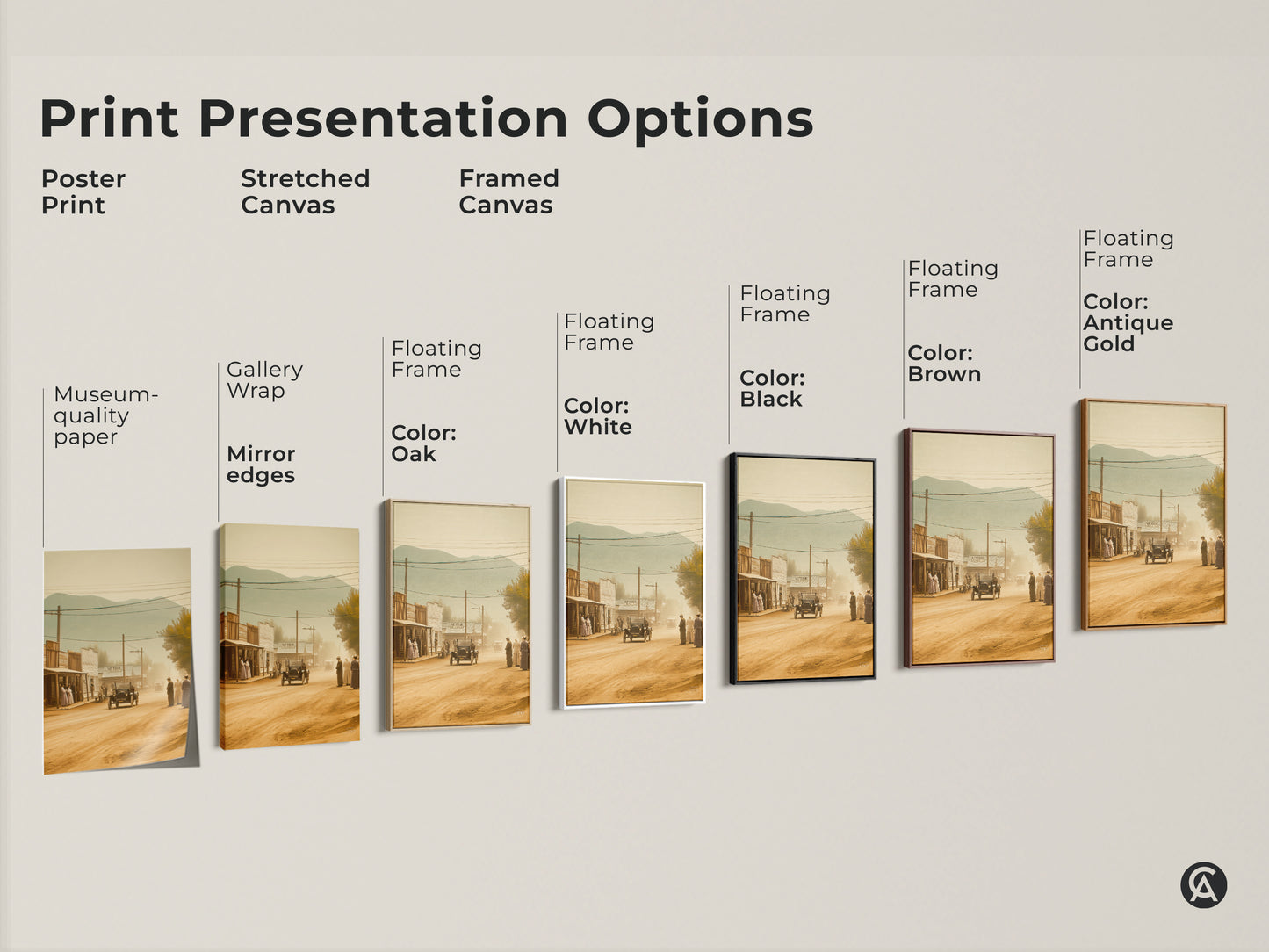 Explore print presentation options for this sepia toned western town artwork. Choose from poster prints stretched canvas and framed canvas. Customize your art with floating frames in various colors like black brown antique gold and white. Find the perfect style to match your decor and enjoy museum-quality art.