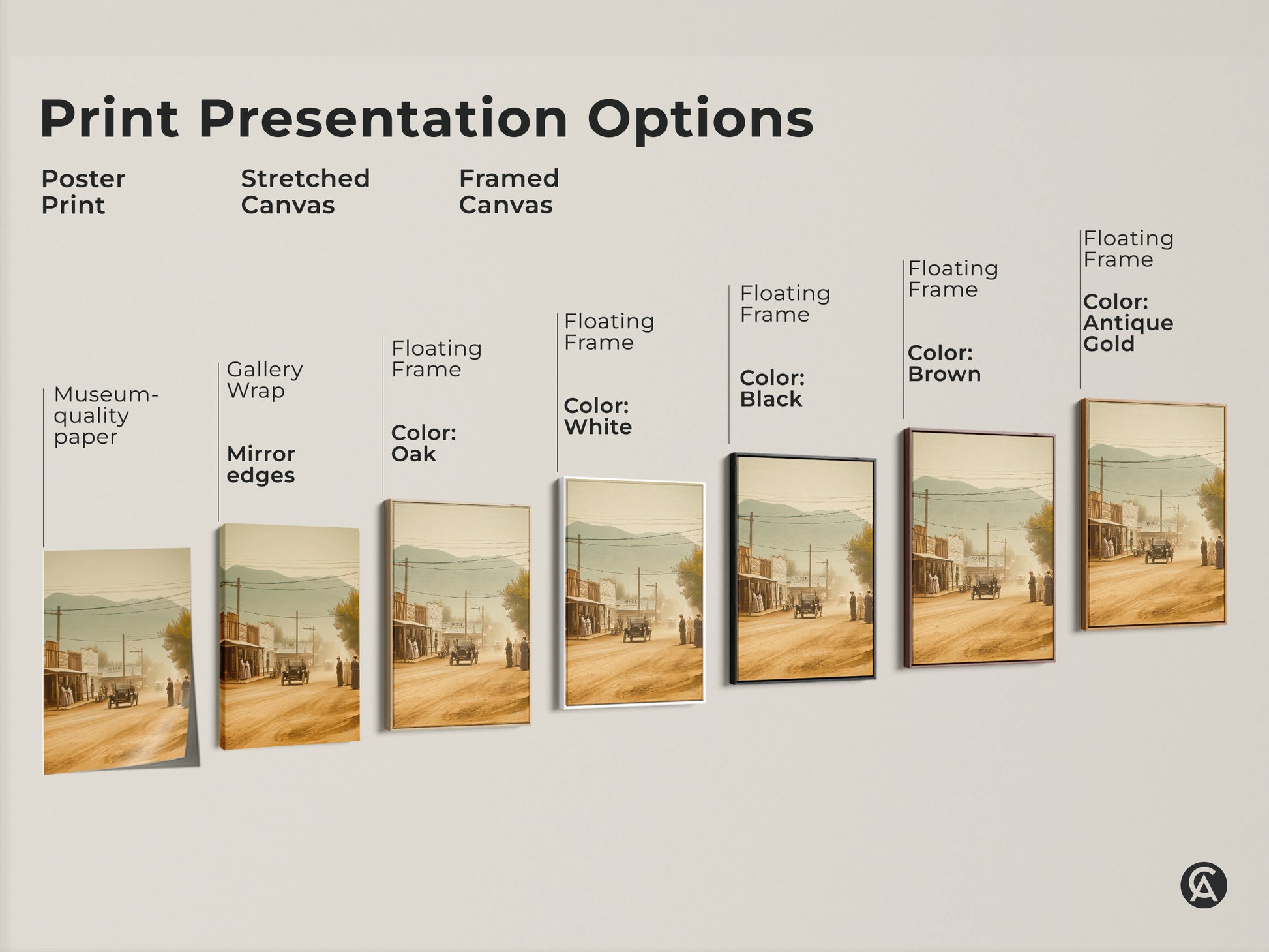 Explore print presentation options for this sepia toned western town artwork. Choose from poster prints stretched canvas and framed canvas. Customize your art with floating frames in various colors like black brown antique gold and white. Find the perfect style to match your decor and enjoy museum-quality art.