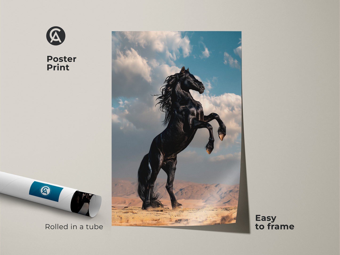 Poster print shows a realistic black horse. It is rearing in a desert landscape. This animal nature artwork is easy to frame. Its a striking focal point for any room.