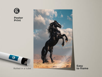 Poster print shows a realistic black horse. It is rearing in a desert landscape. This animal nature artwork is easy to frame. Its a striking focal point for any room.