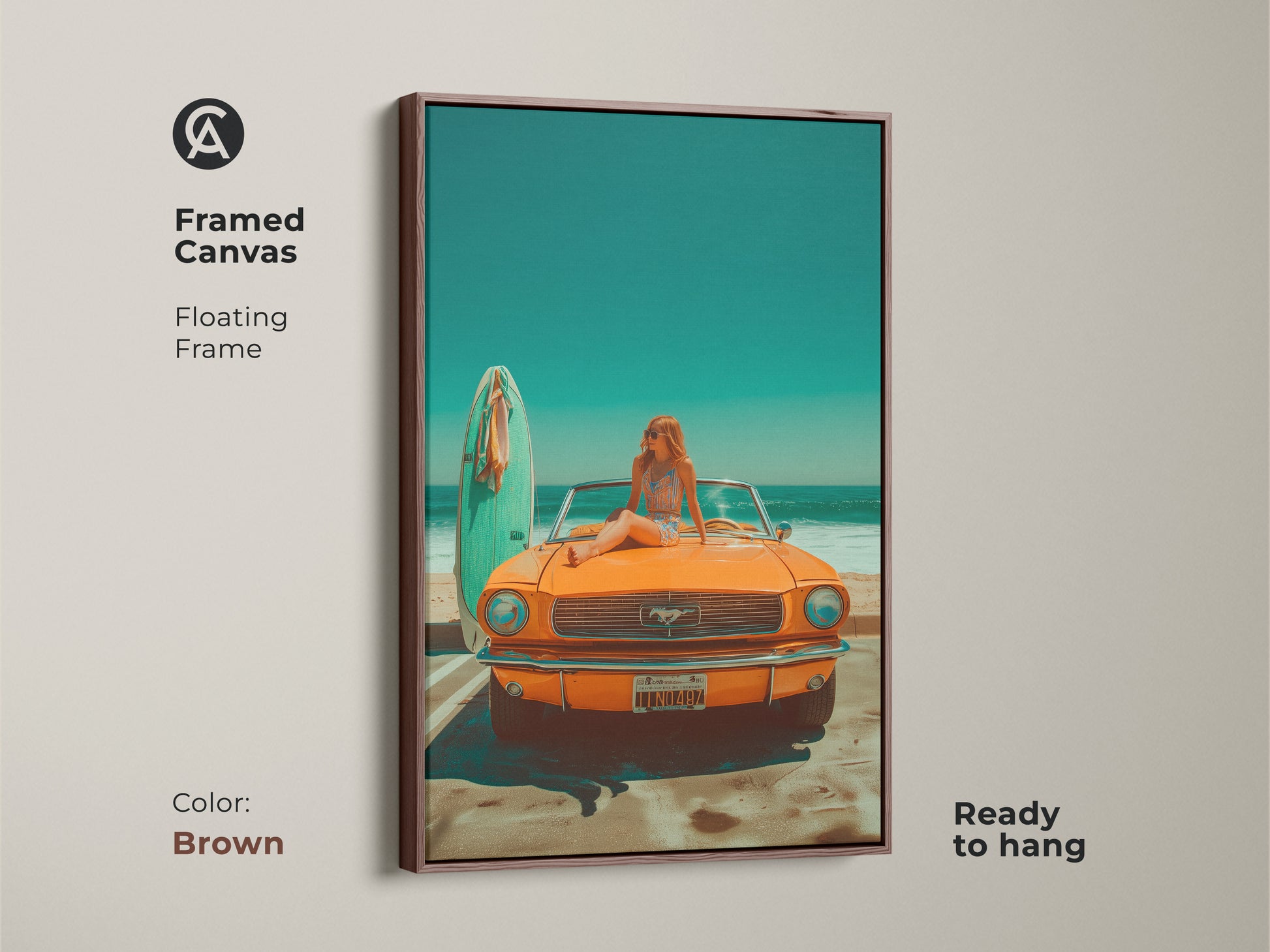 Brown framed canvas art featuring a vintage orange Mustang parked by the beach. A woman sits on the hood next to a surfboard. This retro-style artwork brings a summer vibe to any room. Perfect for car enthusiasts and beach lovers. Add a touch of nostalgia to your home decor with this framed canvas print.