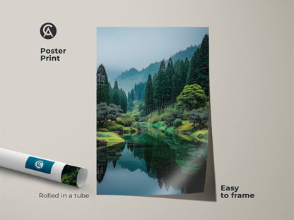 Poster print of a peaceful forest lake scene. Rolled in a tube this museum-quality paper artwork is easy to frame. A beautiful landscape to enhance your home decor. Shop now.