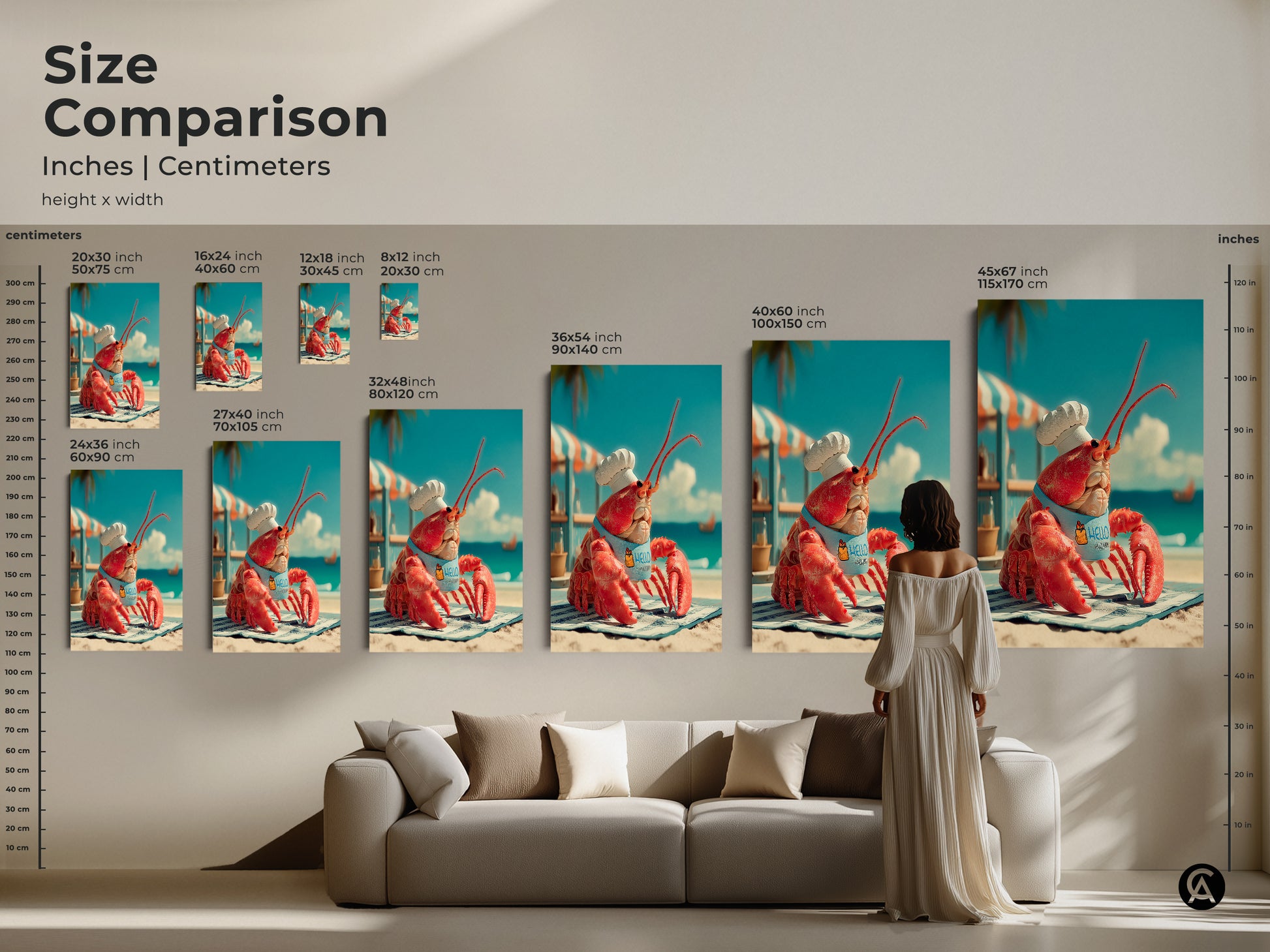 Size comparison of lobster chef artwork. See inches and centimeters for various sizes. The art features a whimsical lobster wearing a chef's hat. Visualize the perfect fit for your wall. Available in canvas and poster prints.