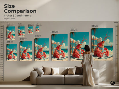 Size comparison of lobster chef artwork. See inches and centimeters for various sizes. The art features a whimsical lobster wearing a chef's hat. Visualize the perfect fit for your wall. Available in canvas and poster prints.