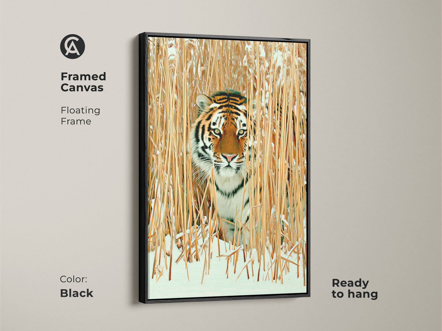 Framed canvas with a black floating frame showcases a tiger in winter reeds. Ready to hang wildlife art brings rustic nature indoors. Realistic tiger print features orange brown gold tones. Ideal for adding a cozy touch to any room with this majestic animal portrait.