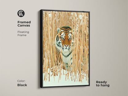 Framed canvas with a black floating frame showcases a tiger in winter reeds. Ready to hang wildlife art brings rustic nature indoors. Realistic tiger print features orange brown gold tones. Ideal for adding a cozy touch to any room with this majestic animal portrait.