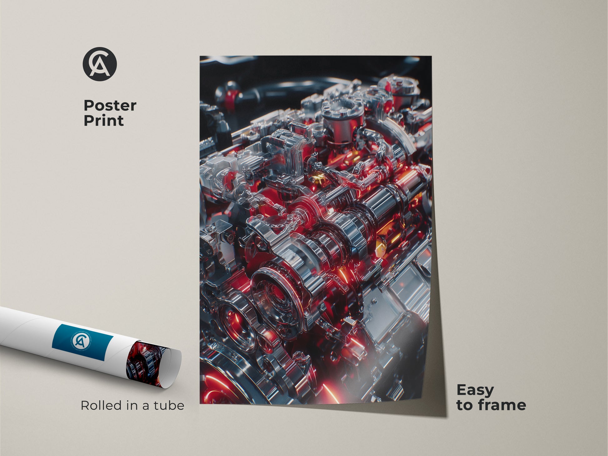 Poster print of a futuristic mechanical engine. The silver and red gears create a striking industrial artwork. Easy to frame for garage or office decor. Adds a high-tech feel to any space. Perfect for car enthusiasts and lovers of precision machinery artwork.