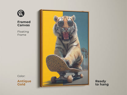 The framed canvas showcases a tiger on a skateboard. The wildlife artwork uses a floating antique gold frame. The cool pop art piece brings an edgy vibe to any room. Ready to hang in your office or man cave. This surreal animal canvas is a statement piece.