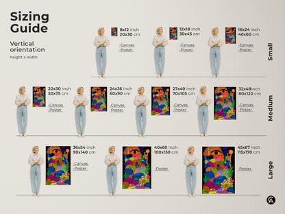 Sizing guide for vertical psychedelic mushroom art prints. Available as canvas or poster in small medium and large sizes. Find the ideal abstract surreal wall art for your home.
