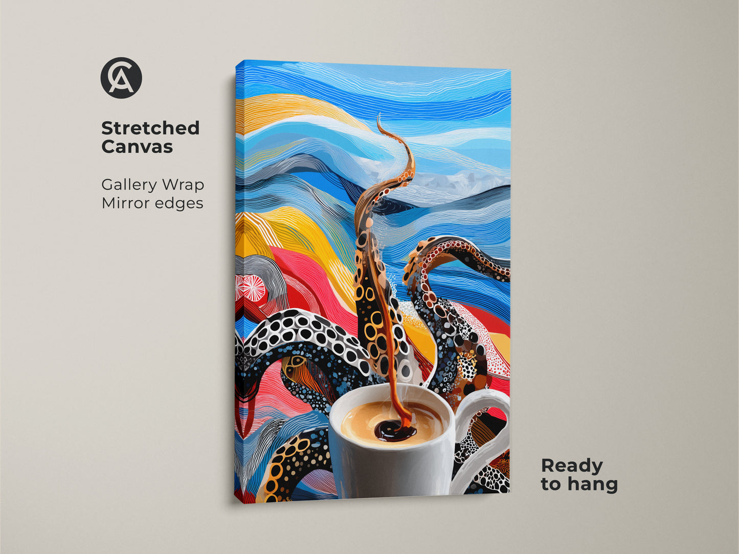 Stretched canvas art print with gallery wrapped mirror edges. This is a surreal octopus coffee cup artwork. This abstract kitchen wall art is ready to hang. The piece has bold yellow blue and red colors.