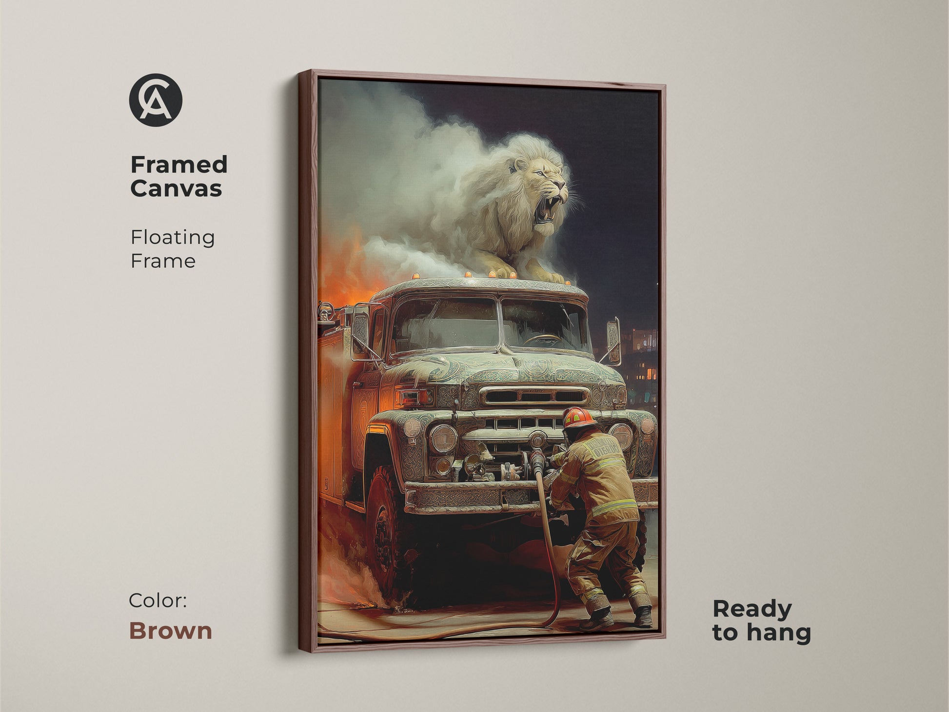 This framed canvas art portrays a surreal lion perched on a vintage fire truck. The artwork has a floating brown frame. A firefighter is putting out the fire. It's ready to hang. Perfect for adding an eclectic touch. Unique birthday gift for lion lovers.