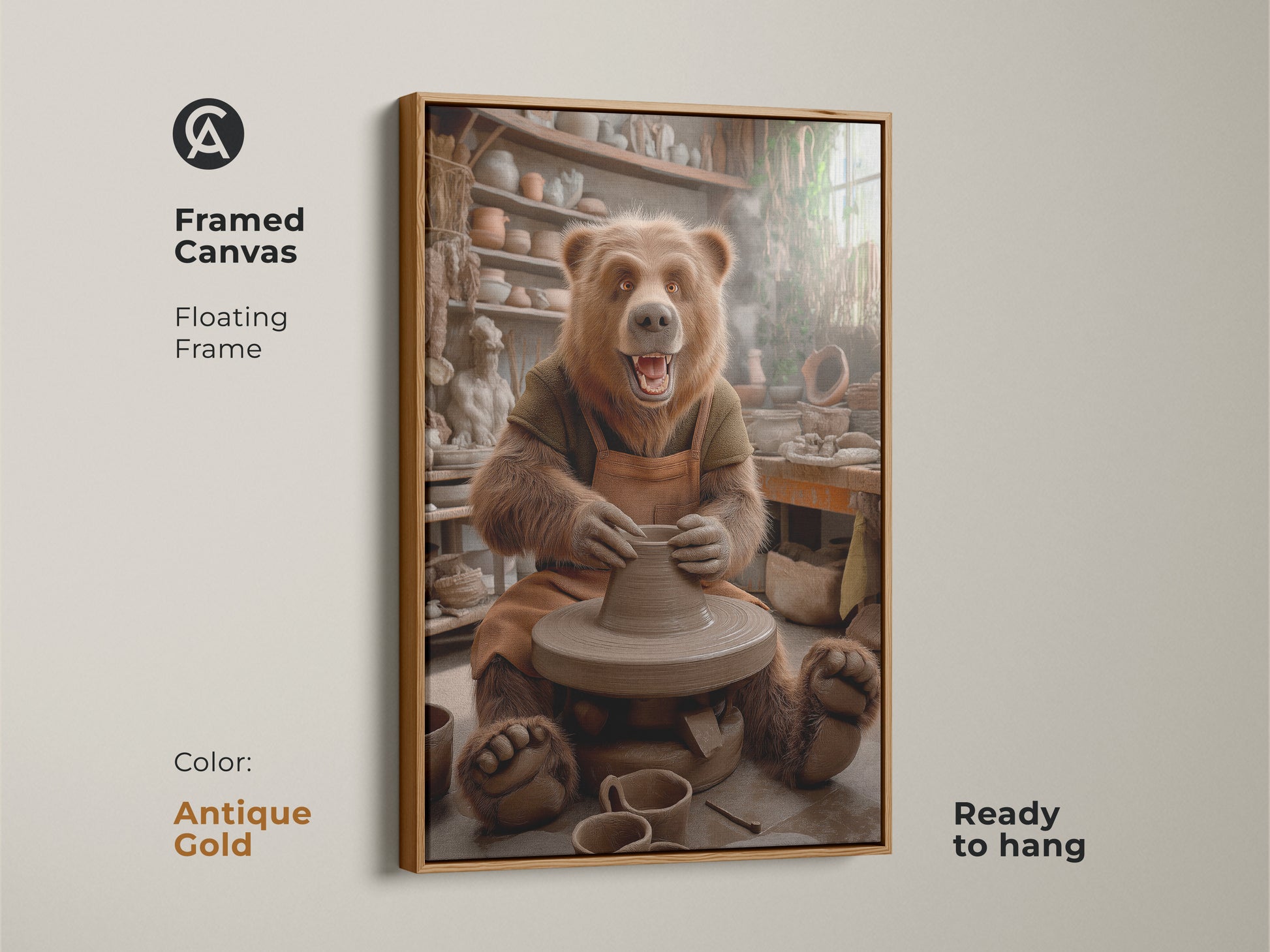 A framed canvas presents a bear at a pottery wheel. The floating frame in antique gold adds elegance to the studio scene. This animal wall decor is ready to hang. The brown pottery scene canvas is a unique gift. The artwork brings warmth to any room